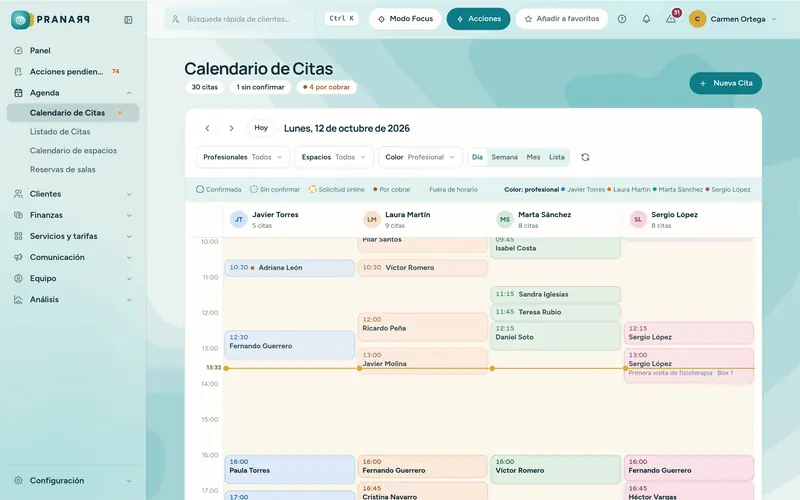 La agenda de citas con cada profesional y box, a la vista de todo el equipo.