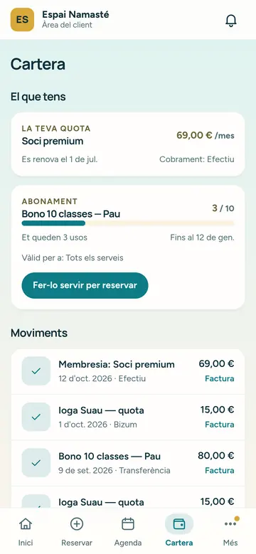 El client veu al mòbil la quota de membre i quantes sessions li queden del bo.