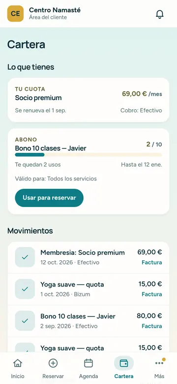 El cliente ve en el móvil la cuota de socio y cuántas sesiones le quedan del bono.