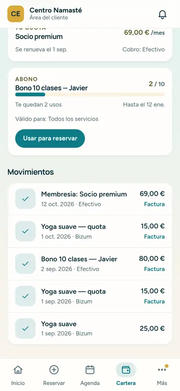 El cliente ve su historial de pagos desde el portal, sin tener que pedir nada en recepción.