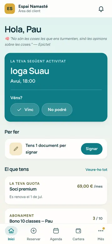 El portal del client mostra d'entrada les tasques pendents i les sessions del mes.