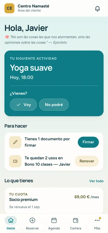 El portal del cliente muestra de entrada las tareas pendientes y las sesiones del mes.