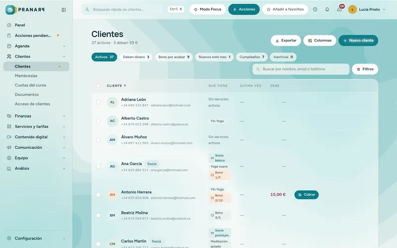 Pantalla de Pranarp: Clientes y CRM