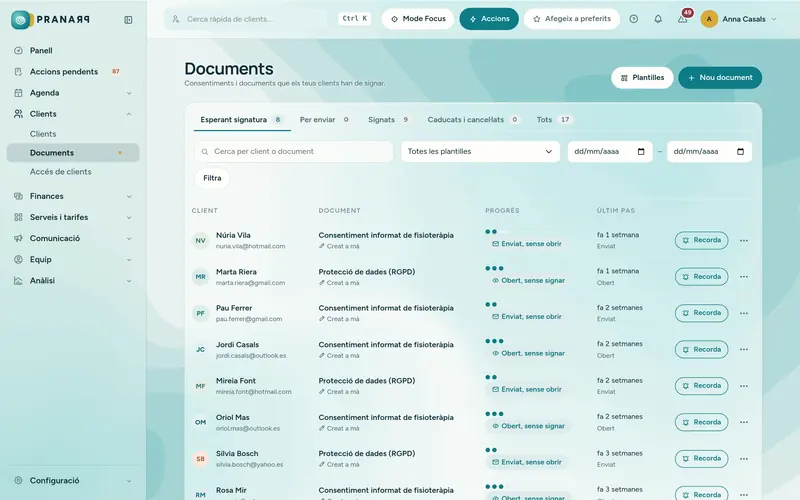 Pantalla de Pranarp: Documents i signatures
