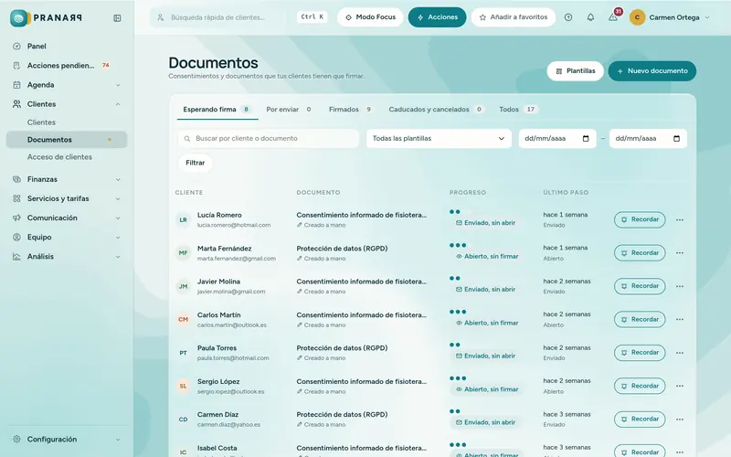 Pantalla de Pranarp: Documentos y firmas