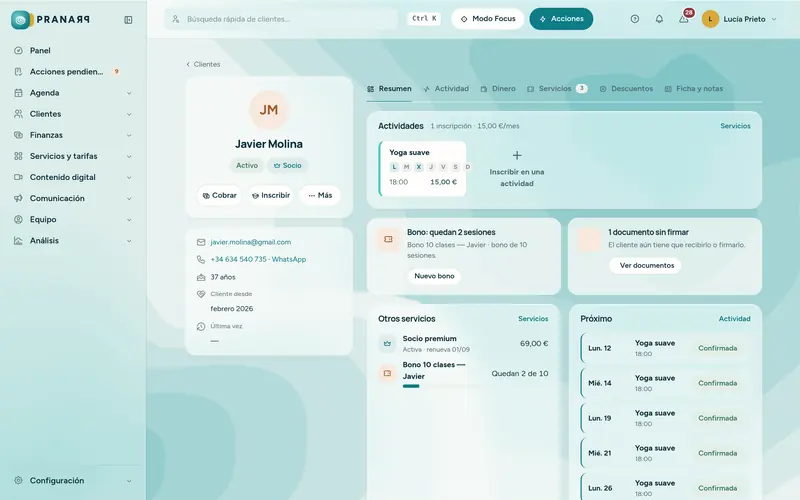 Ficha de cliente de Pranarp con reservas, bonos y cobros